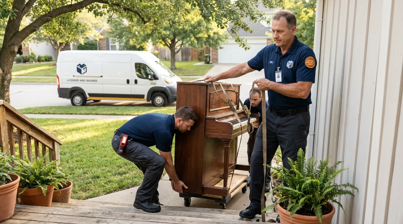 Licensed piano movers securing grand piano in Palm Beach, FL