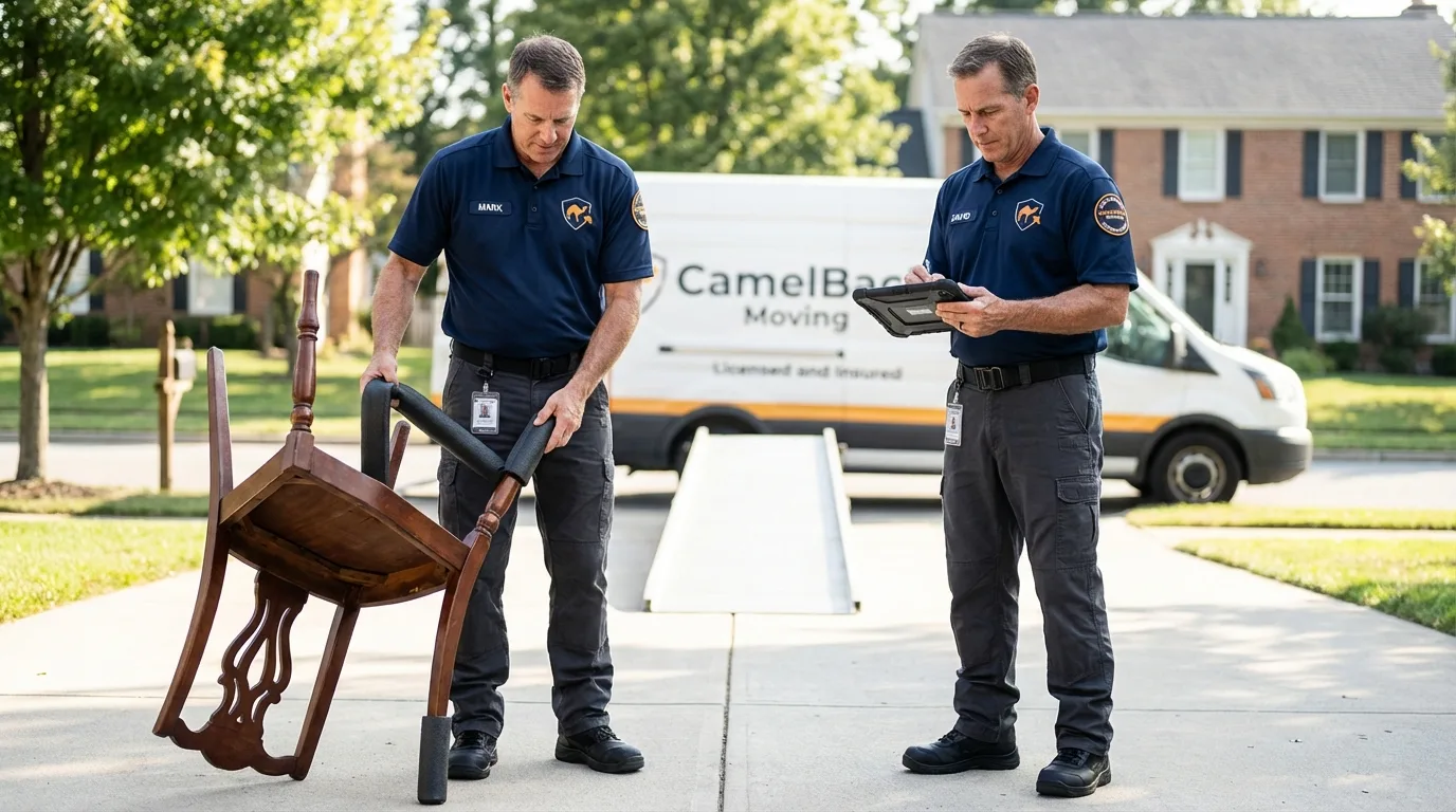Movers inspecting furniture for damage prevention before loading in Palm Beach, FL